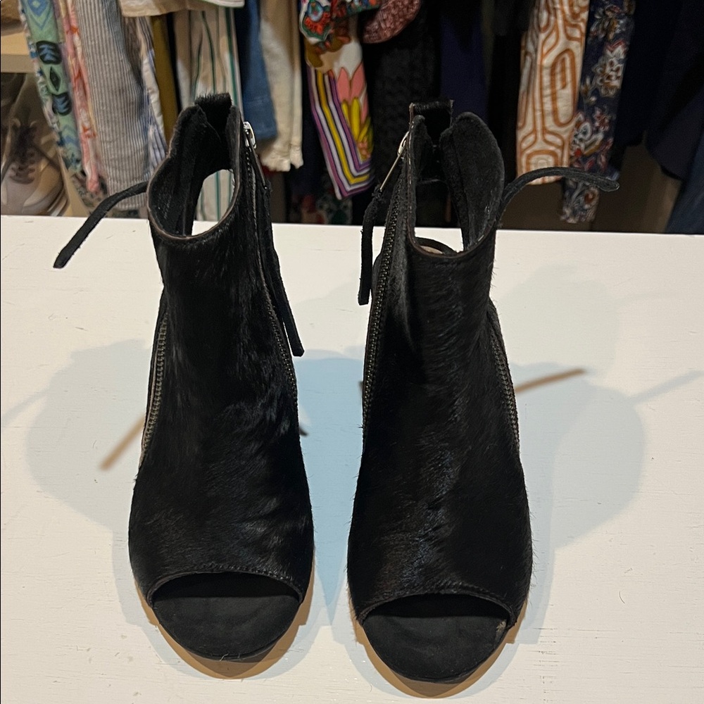 Black Animal Hide Peep-Toe Ankle Boots